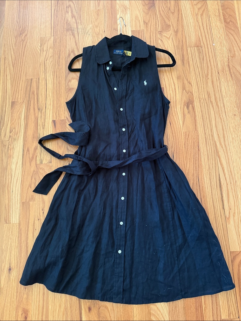 Polo by Ralph Lauren linen Black Sleeveless Button-Front Midi Dress with belt